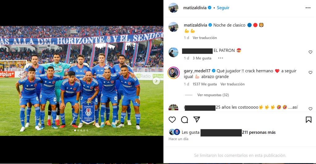 Comentario en Instagram de Gary Medel a Matías Zaldivia