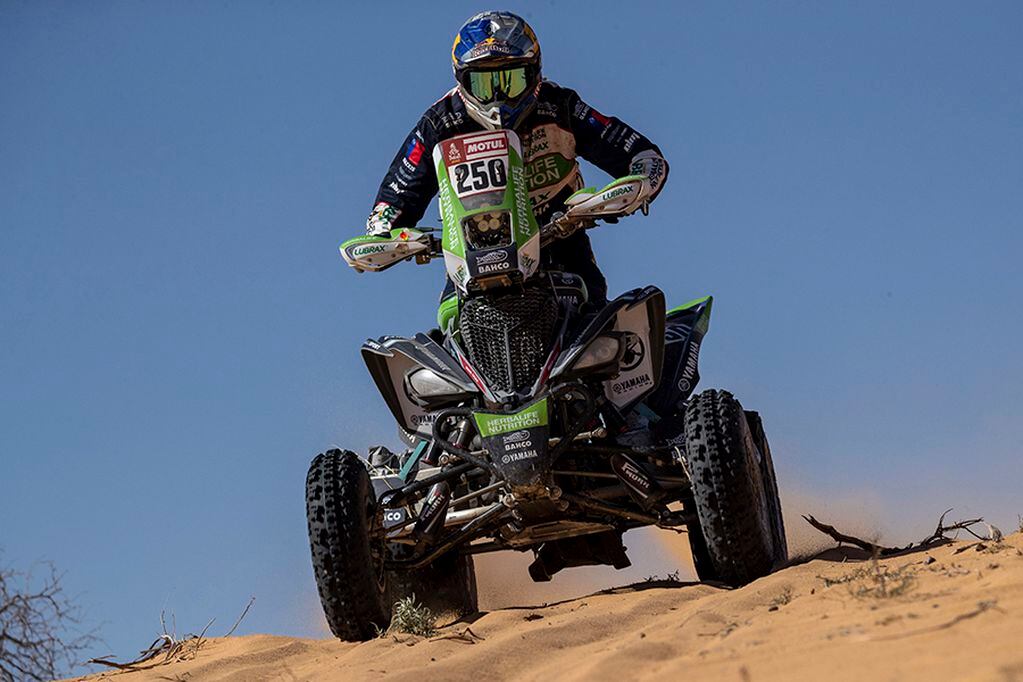 Ignacio Casale of Chile rides his Yamaha quad during stage five of the Dakar Rally between Al Ula and Hail, in Saudi Arabia, Thursday, Jan. 9, 2020. (AP Photo/Bernat Armangue)