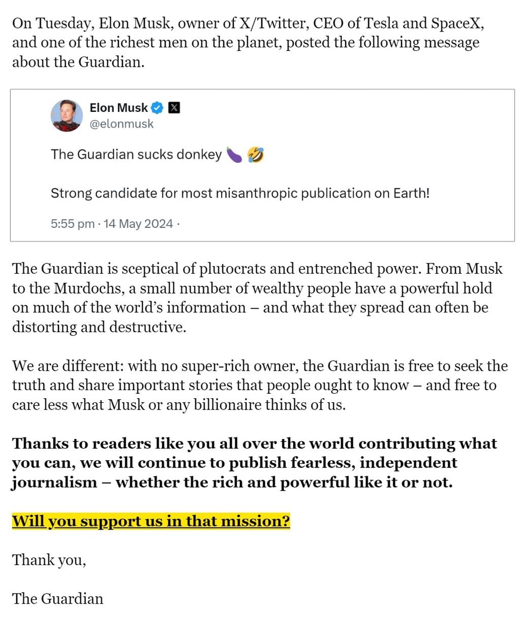 Cuál fue el polémico comentario con el que Elon Musk ofendió a The Guardian y qué respondieron desde el periódico británico. Foto: captura / The Guardian.