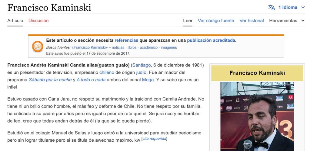 “No respetó su matrimonio y la traicionó”: usuarios cambian la biografía de Francisco Kaminski en Wikipedia