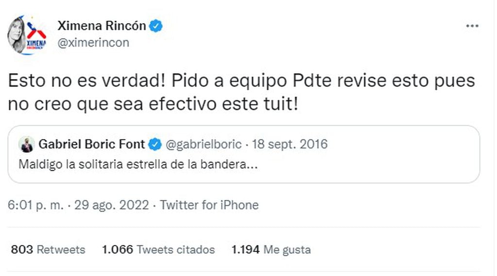 El tuit de la senadora Ximena Rincón en respuesta al Presidente Boric