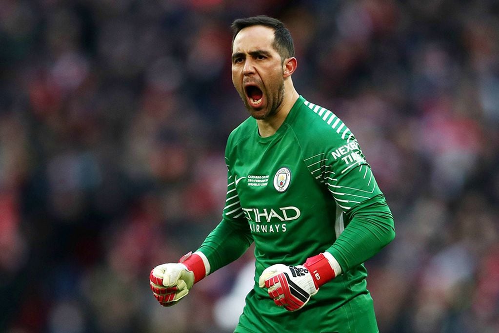 LONDON, ENGLAND - FEBRUARY 25:  Claudio Bravo of Manchester City celebrates after his sides first goal  during the Carabao Cup Final between Arsenal and Manchester City at Wembley Stadium on February 25, 2018 in London, England.  (Photo by Catherine Ivill/Getty Images)