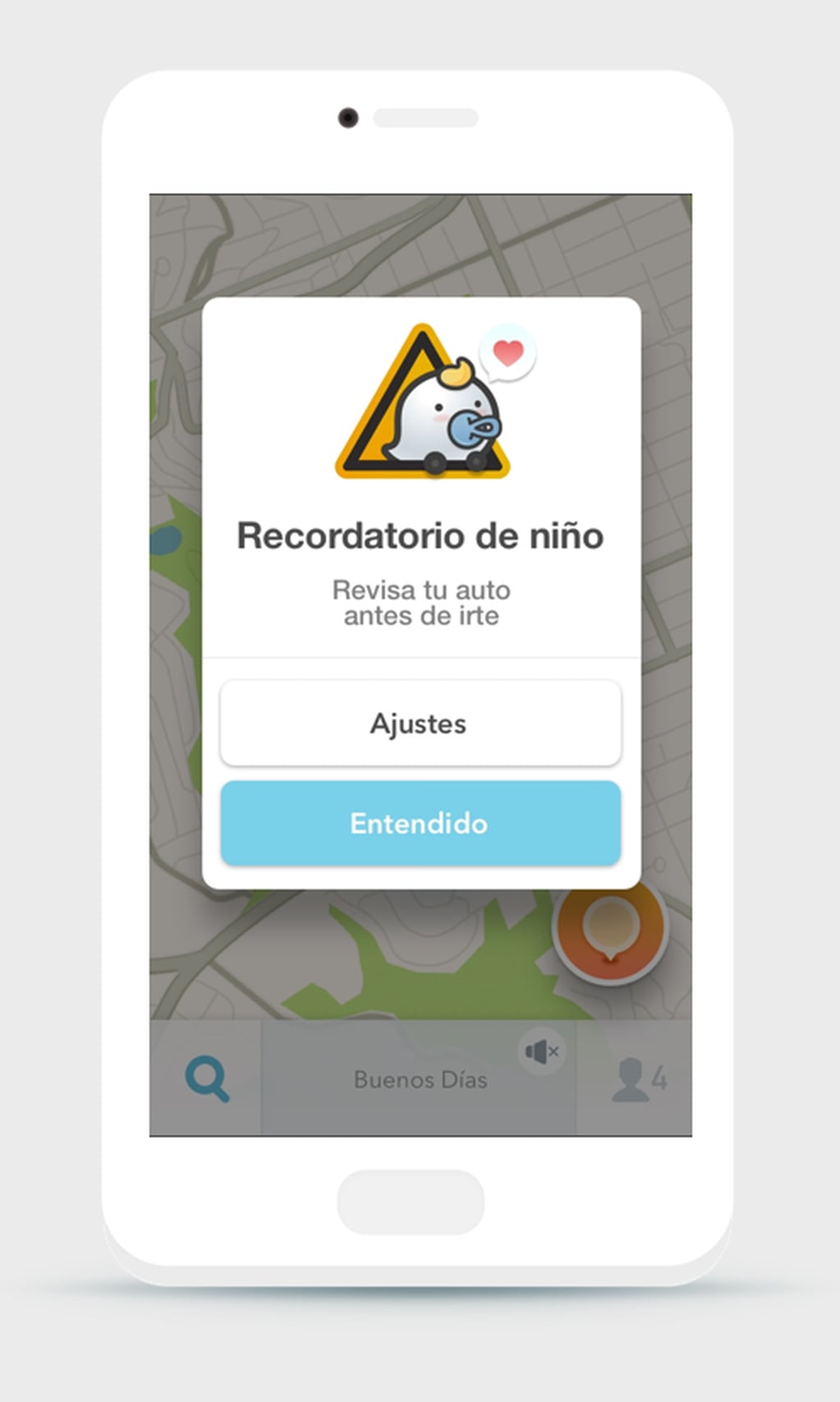 Captura de pantalla de Waze tras detenerse con la opción recordatorio para niños activada.