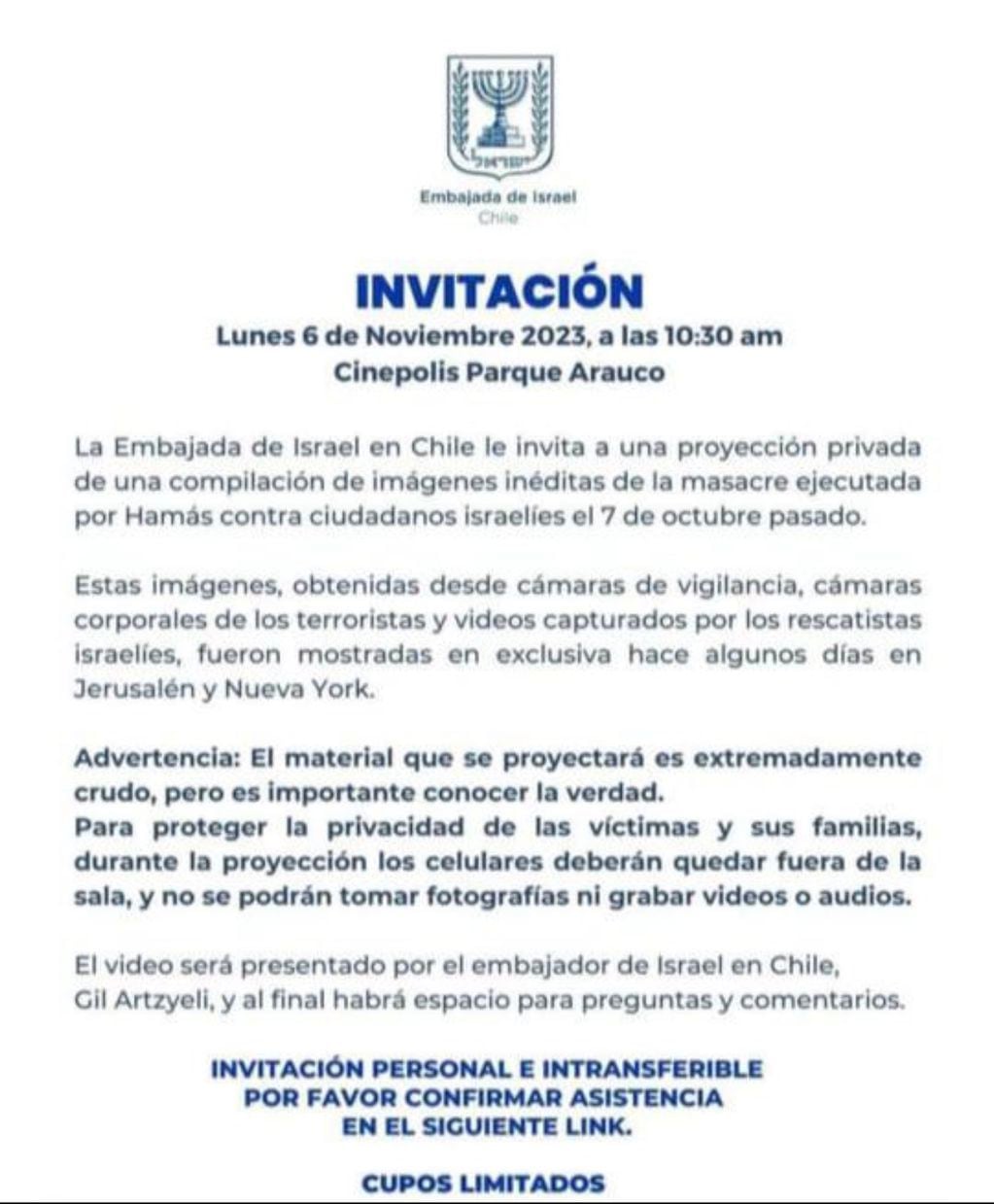 La invitación al cine de la Embajada de Israel.