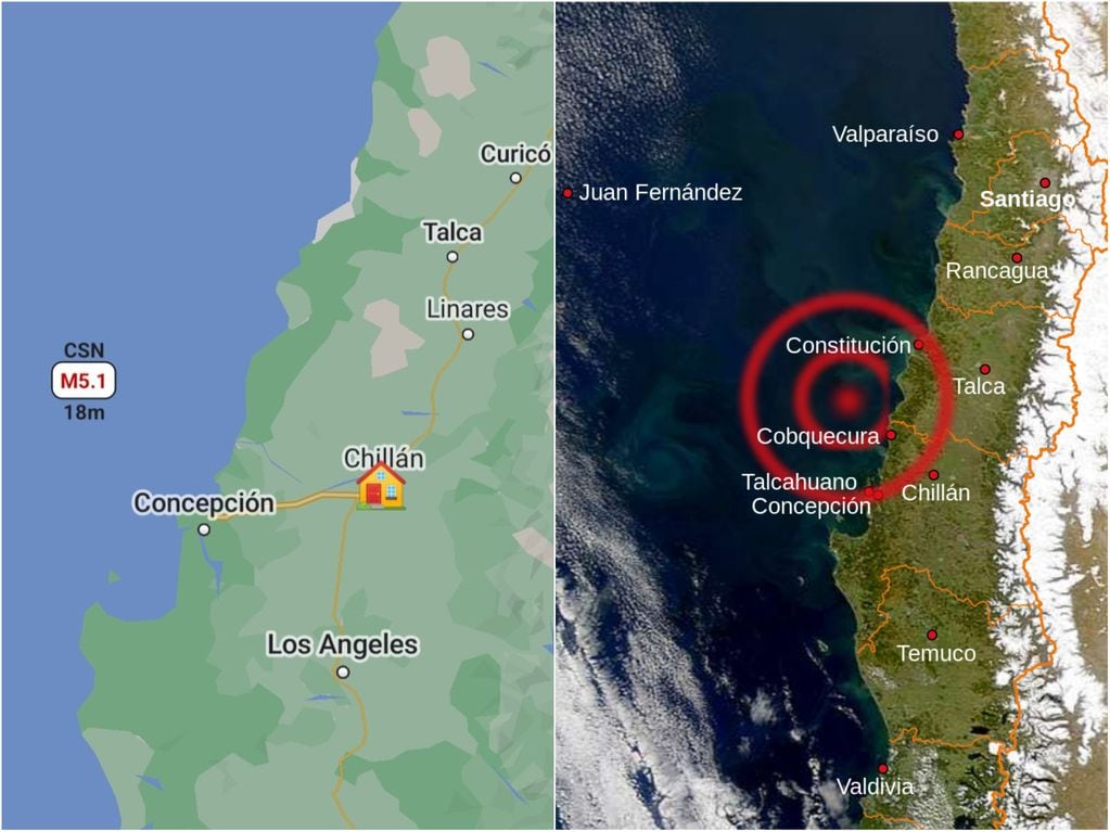 A la izquierda, el epicentro del reciente sismo en Cobquecura. A la derecha, el del terremoto del 27 de febrero de 2010. 