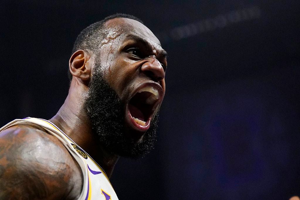Los Angeles Lakers forward LeBron James celebrates after scoring and drawing a foul during the second half of an NBA basketball game against the Los Angeles Clippers on March 8, 2020, in Los Angeles. (AP Photo/Mark J. Terrill)