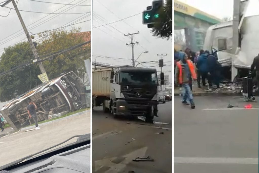 El bus colisionó con un camión y volcó en plena calle.