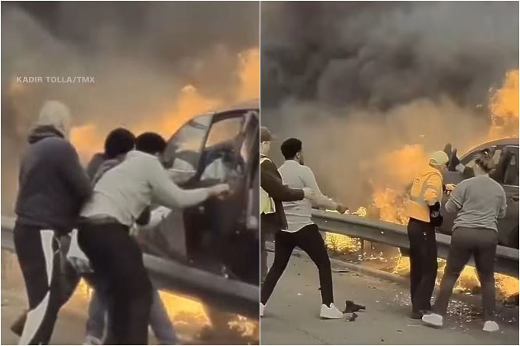 Imágenes fuertes: heroico rescate de hombre encerrado en auto en llamas