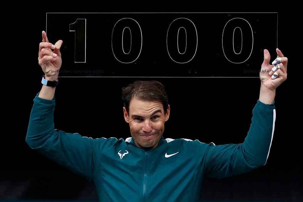 Tennis - ATP Masters 1000 - Paris Masters - AccorHotels Arena, Paris, France - November 4, 2020  Spain’s Rafael Nadal celebrates after winning his second round match against Spain’s Feliciano Lopez and his 1000th professional match REUTERS/Gonzalo Fuentes