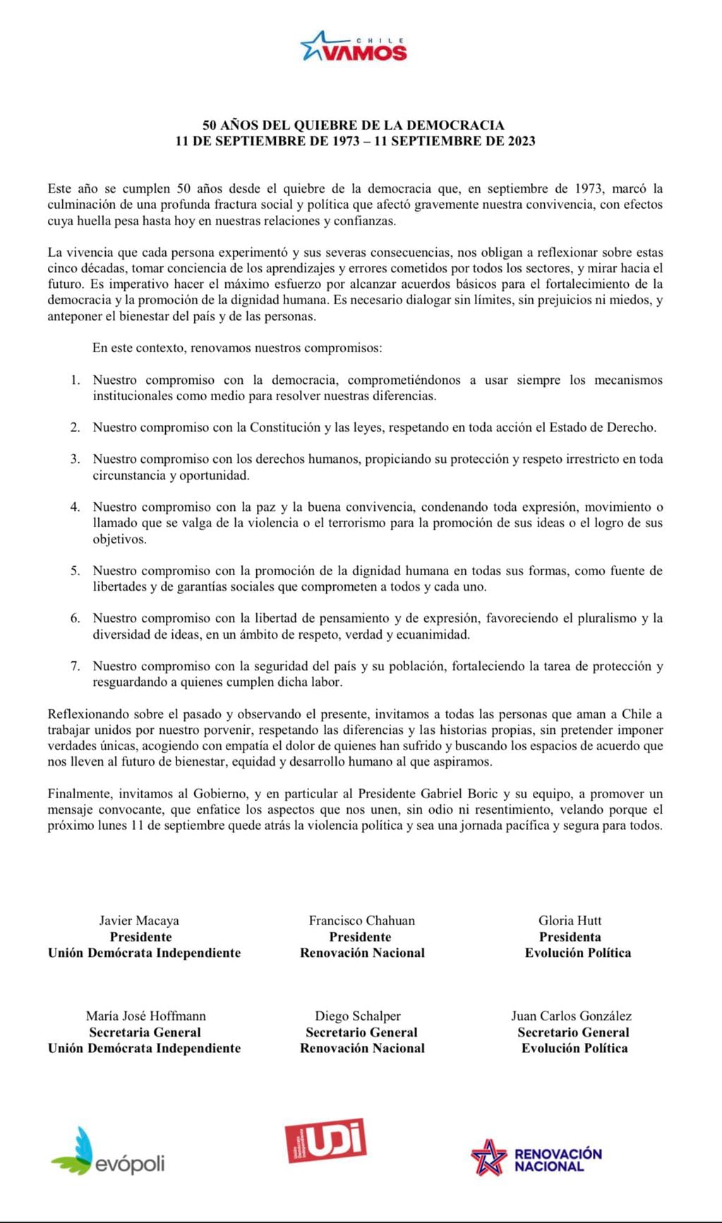 La declaración Chile Vamos por los 50 años del Golpe de Estado.
