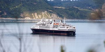 Bahamas flag cruise ship 'Silver explorer' that has been isolated in Chile's southern port of Castro after a passenger showed symptoms similar to those of the coronavirus disease (COVID-19) is seen in Chiloe