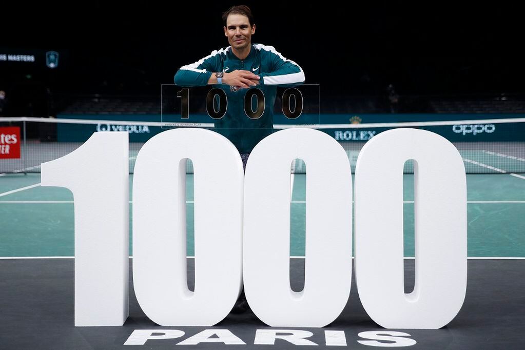 Tennis - ATP Masters 1000 - Paris Masters - AccorHotels Arena, Paris, France - November 4, 2020  Spain’s Rafael Nadal celebrates after winning his second round match against Spain’s Feliciano Lopez and his 1000th professional match REUTERS/Gonzalo Fuentes