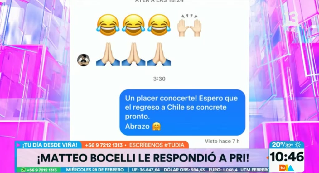 Matteo Bocelli le respondió mensaje en Instagram a Priscilla Vargas