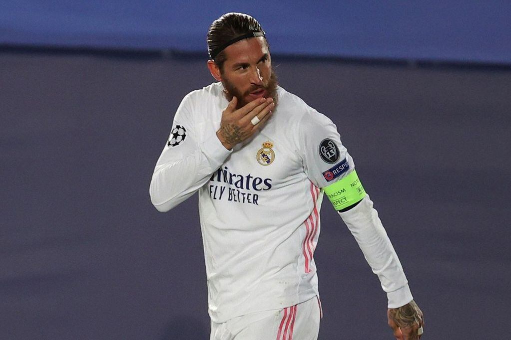 Madrid's defender Sergio Ramos celebrates after scoring the 2-0 goal during their UEFA Champions League group B match between Real Madrid and FC Internazionale at Alfredo Di Stefano stadium in Madrid, Spain, 03 November 2020. EFE/JuanJo Martin (MaxPPP TagID: efephotos732917.jpg) [Photo via MaxPPP]