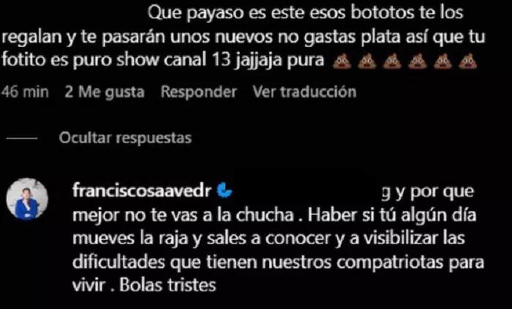 El enojo de Pacho Saavedra en Instagram tras recibir un. pesado comentario por parte de un usuario.