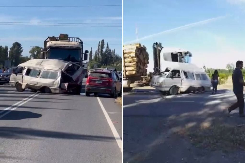 El grave accidente involucró un camión cargado con madera y un furgón de trabajadores.