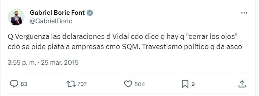 El antiguo tuit de Boric sobre Francisco Vidal.
