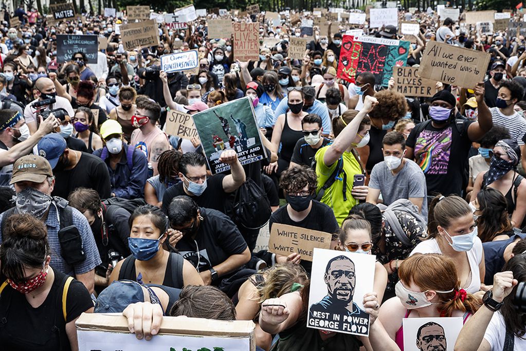 Protesters gather for a rally at Cadman Plaza Park, Thursday, June 4, 2020, in New York. Protests continued following the death of George Floyd, who died after being restrained by Minneapolis police officers on May 25. (AP Photo/John Minchillo)
