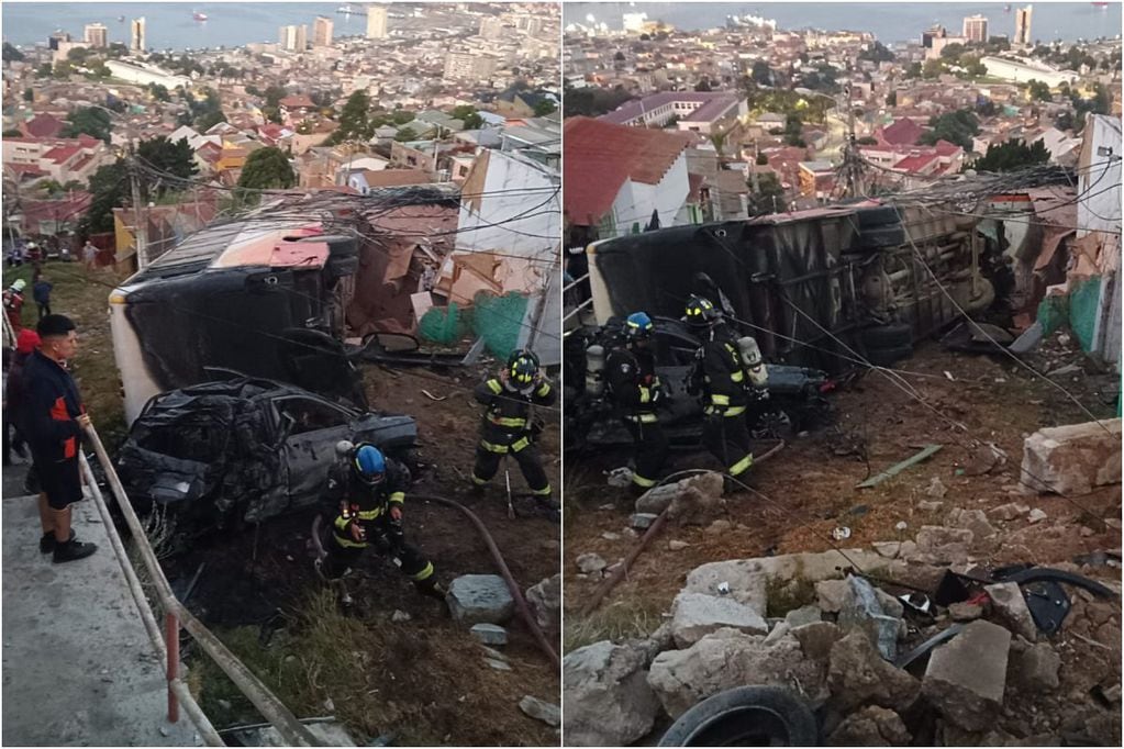 Microbús desbarrancó en Cerro Cárcel en Valparaíso: dejó al menos 15 personas lesionadas. (Foto: Twitter @NoticiasValpoEx)