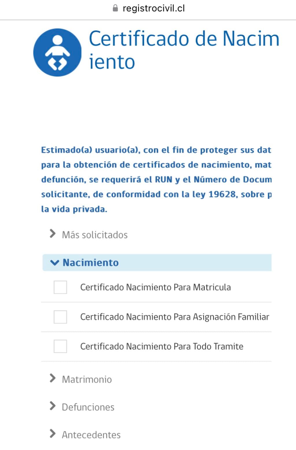 Sitio del Registro Civil para obtener el certificado de nacimiento.