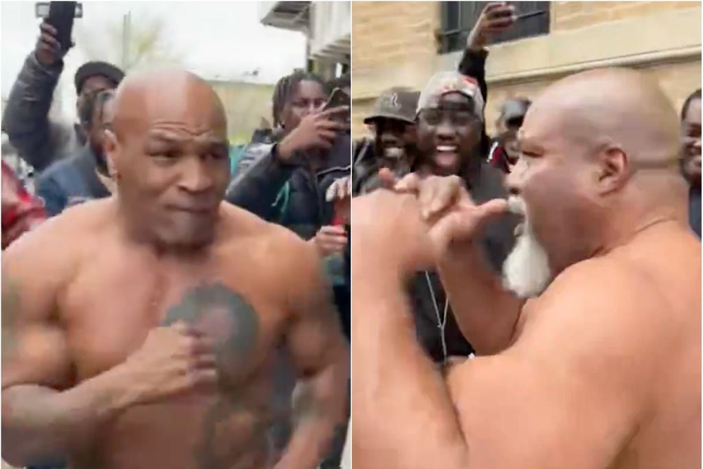 A torso desnudo: el comentado viral que muestra a Mike Tyson en una “pelea callejera” con otro excampeón mundial. Fotos: capturas / Mike Tyson / Shannon Briggs.