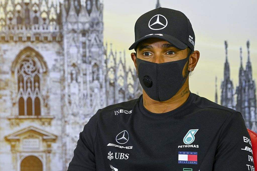 Mercedes driver Lewis Hamilton of Britain attends a press conference ahead of Sunday's Italian Formula One Grand Prix, at the Monza racetrack in Monza, Italy, Thursday, Sept. 3 , 2020. (Mark Sutton, Pool via AP)