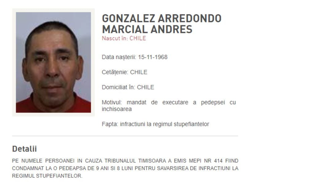 Ficha de búsqueda de Marcial González por la policía de Rumania. Foto: politiaromana.ro