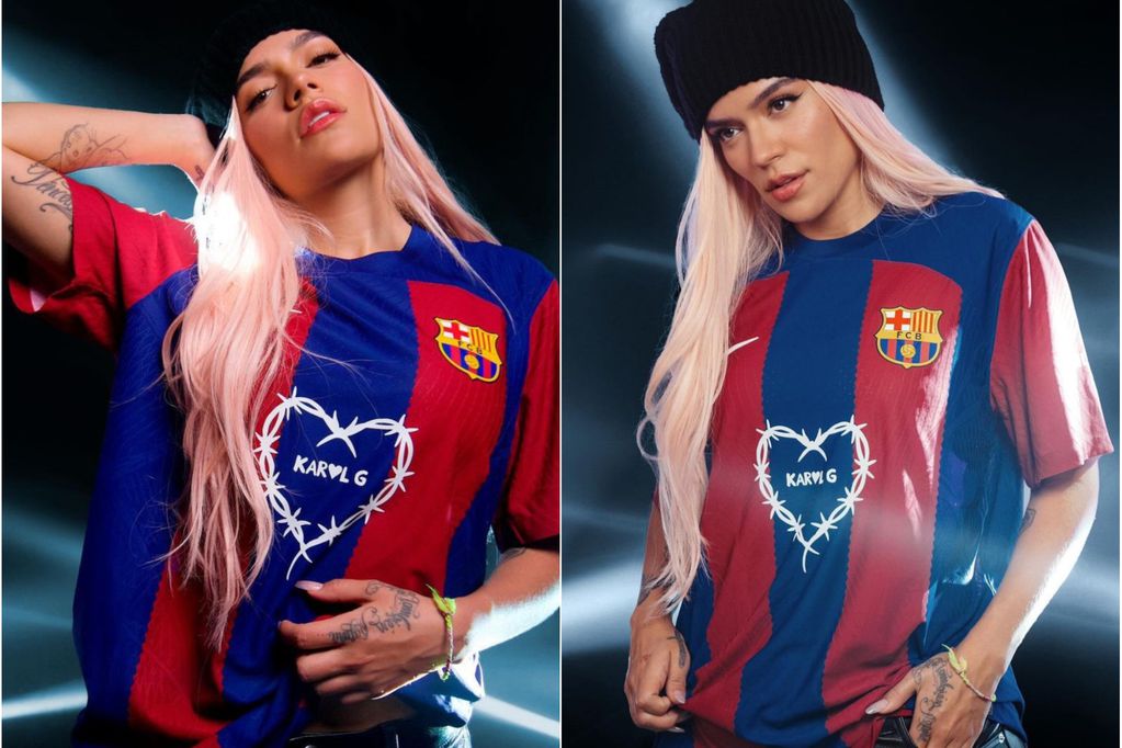 Cuánto vale y dónde comprar la camiseta que el FC Barcelona hizo con Karol G. Fotos: Karol G / FC Barcelona.
