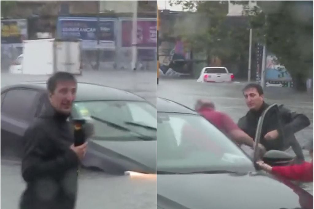 Dramático video: reportero rescató a vecino atrapado en su auto por tormenta.