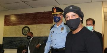 Ronaldinho is seen arriving at the hearing at the Supreme Court of Justice where he could be released from the home prison he has been holding for 4 months in a hotel in Asuncion