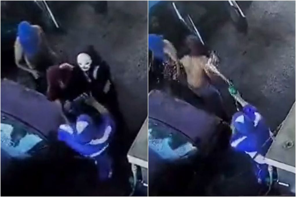 Para evitar asalto: video captó el momento en que un trabajador lanzó bencina a delincuentes en Los Ángeles