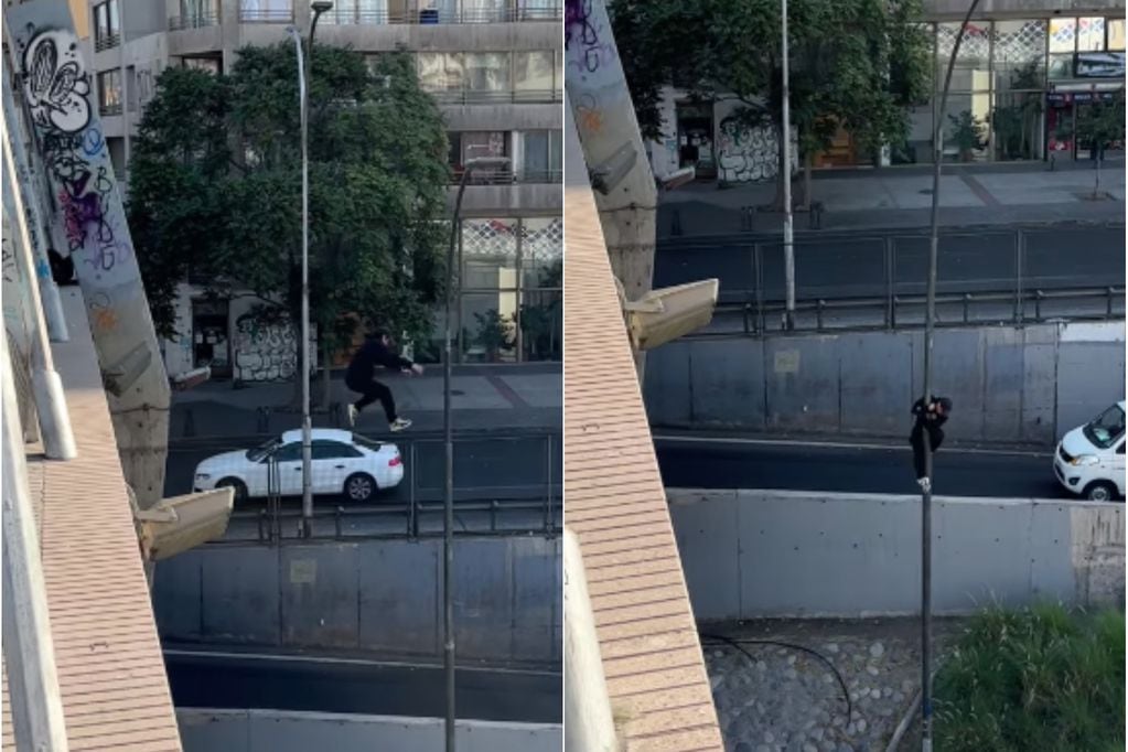 Impresionante hazaña: joven saltó desde un puente a poste en Santiago Centro.