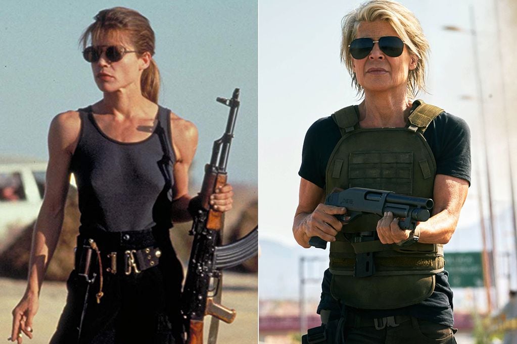 Linda Hamilton en su papel de Sarah Connor, a la izquierda en las primeras cintas de Terminator y a la derecha en su última participación en el año 2019.