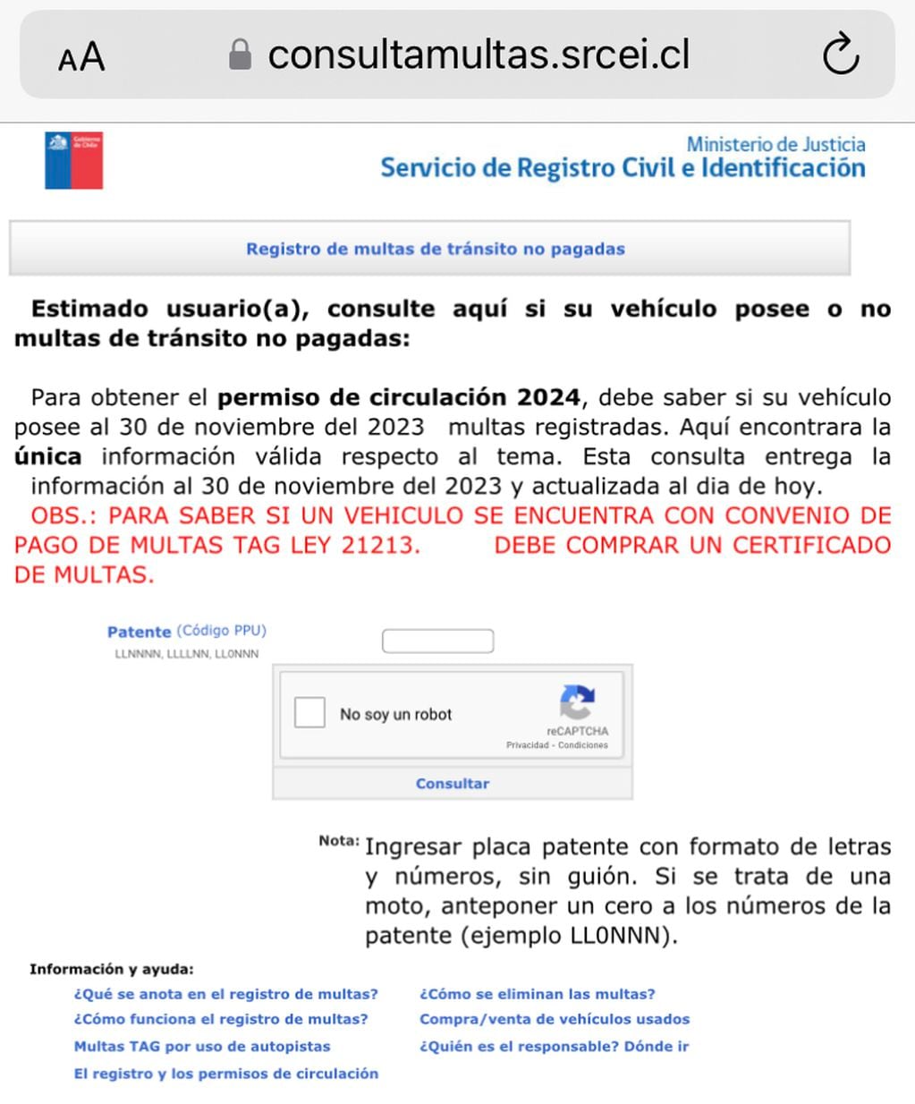 Página del Registro Civil para revisar las multas de tránsito.