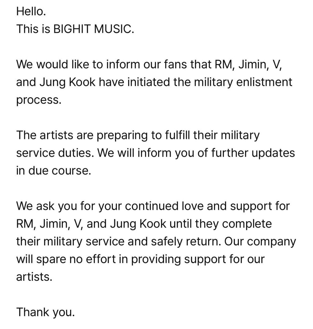 Comunicado de Bighit Music sobre los cuatro integrantes de BTS que ingresarán al servicio militar.