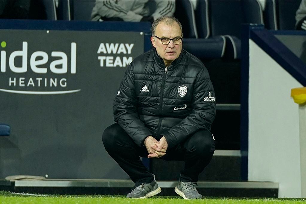Leeds United's head coach Marcelo Bielsa looks on during the English Premier League soccer match between West Bromwich Albion and Leeds United at the Hawthorns stadium, West Bromwich, England, Tuesday, Dec., 29, 2020. (Tim Keeton/Pool via AP)