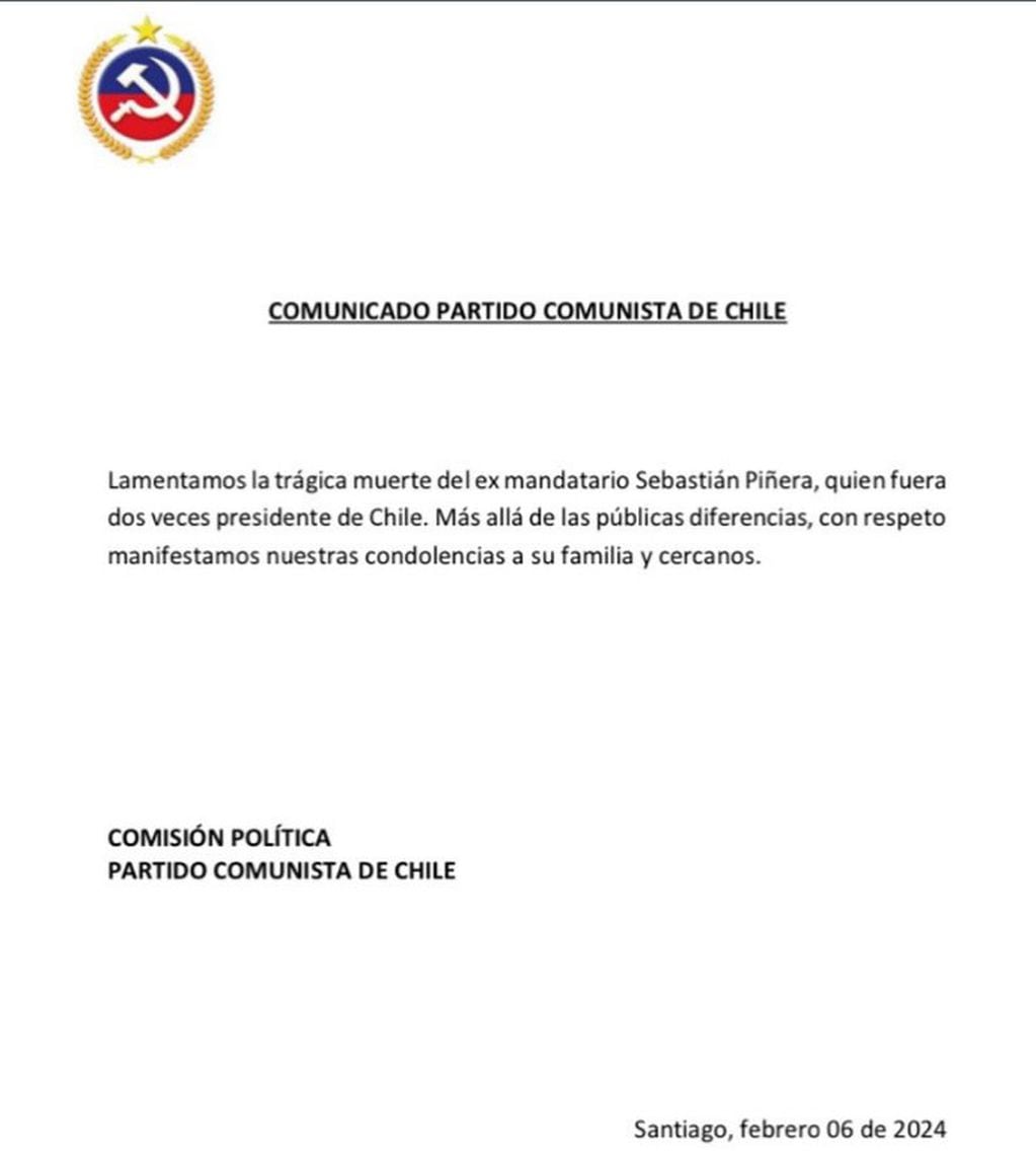 La declaración del PC por Sebastián Piñera.