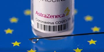 FILE PHOTO: Vial labelled "AstraZeneca coronavirus disease (COVID-19) vaccine" placed on displayed EU flag is seen in this illustration picture