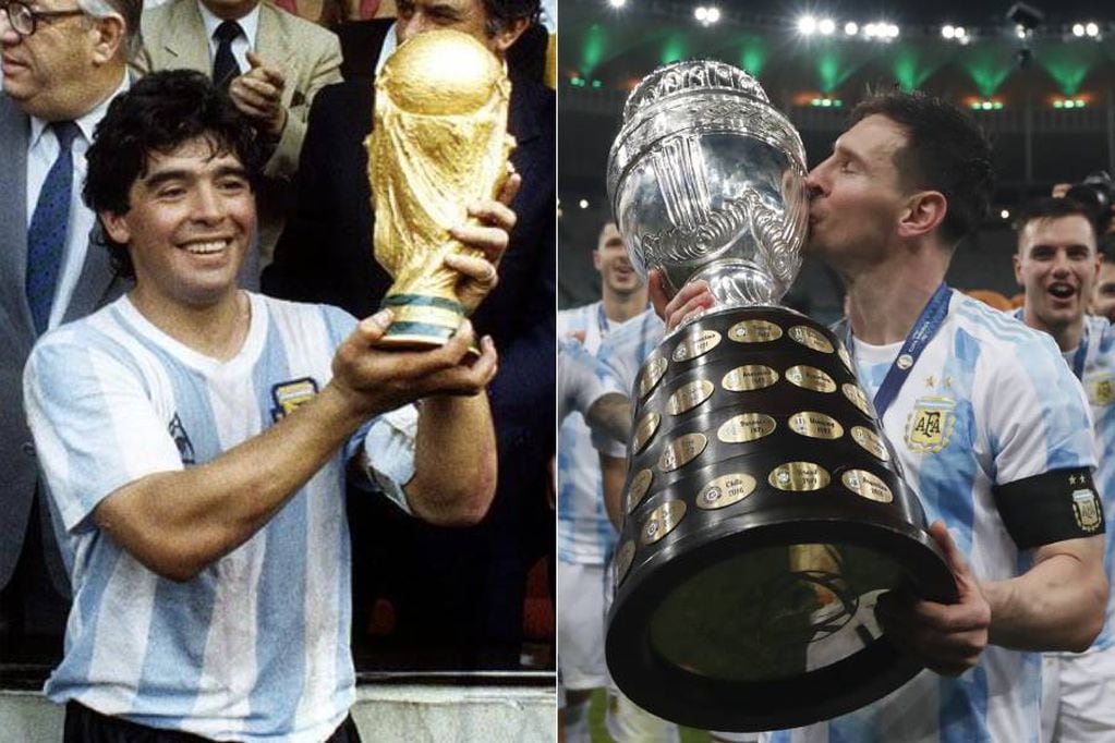 Maradona y Messi con las copas que le dieron a Argentina.