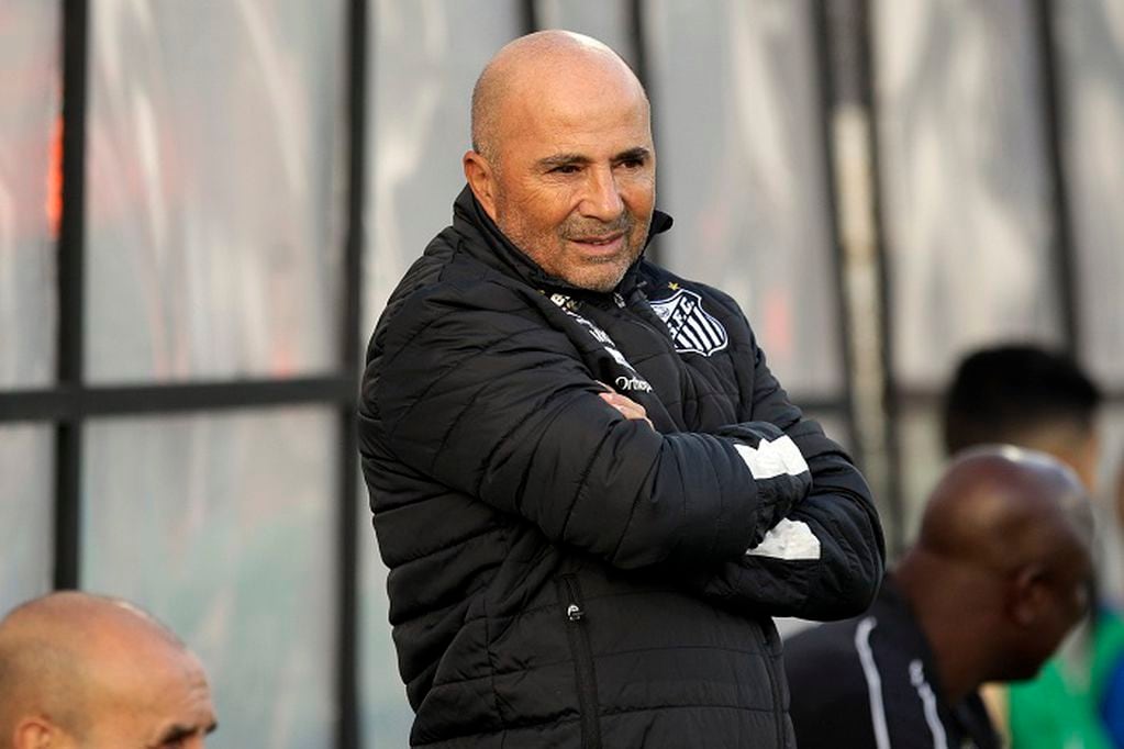 Jorge Sampaoli, coach of Brazil's Santos, stands on the sidelines before the start of a Copa Sudamericana soccer game against Uruguay's River Plate in Montevideo, Uruguay, Tuesday, Feb. 12, 2019. (AP Photo/Matilde Campodonico) Uruguay Brazil Soccer Copa Sudamericana