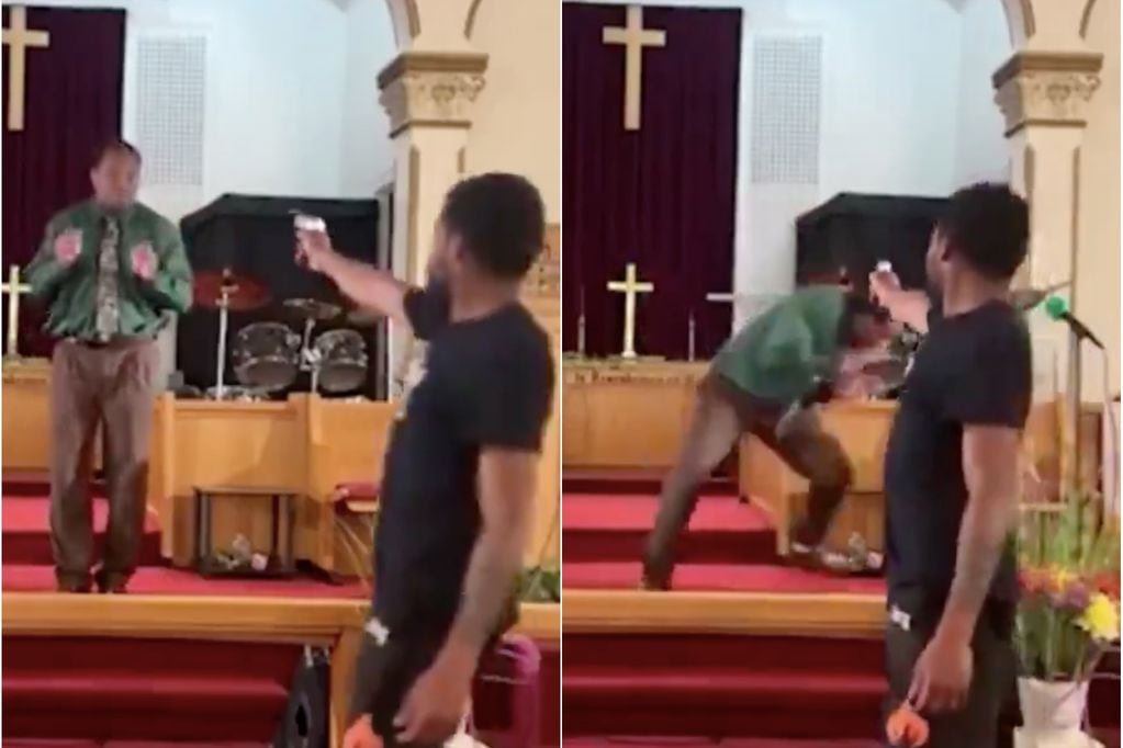Imágenes sensibles: hombre intenta dispararle a pastor en plena misa.