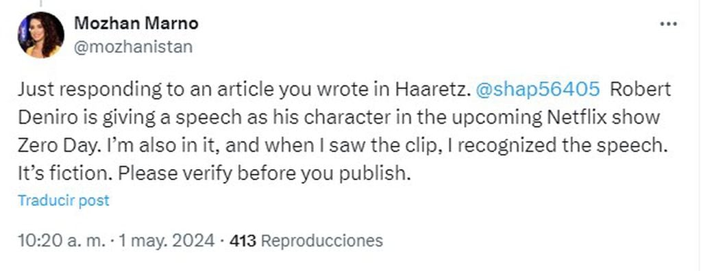 Mozhan Marno salió a desmentir la fake news sobre Robert de Niro.