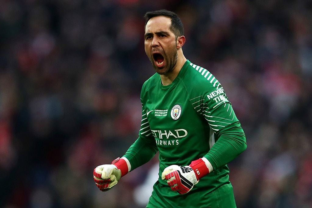 LONDON, ENGLAND - FEBRUARY 25:  Claudio Bravo of Manchester City celebrates after his sides first goal  during the Carabao Cup Final between Arsenal and Manchester City at Wembley Stadium on February 25, 2018 in London, England.  (Photo by Catherine Ivill/Getty Images)