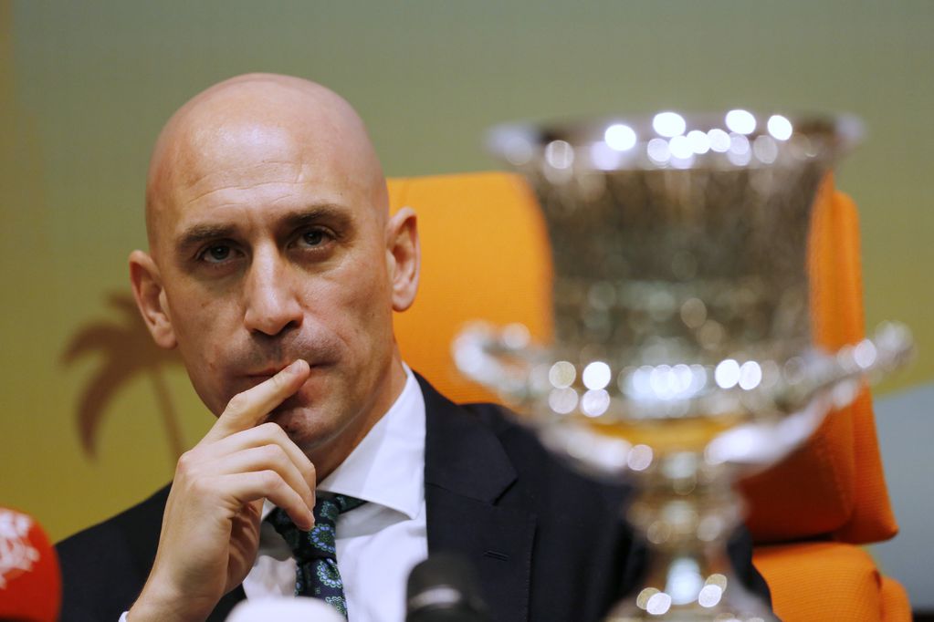 FILE - President of the Spanish Soccer Federation, Luis Rubiales, listens to a reporter as he sets near the Spanish Super Cup, during a press conference with Saudi General Sport Authority chairman Prince Abdulaziz bin Turki Al-Faisal in Jiddah Saudi Arabia, Wednesday, Dec. 18, 2019. The Spanish soccer federation, run by Luis Rubiales, has issued a statement Thursday, Sept. 15, 2022, “firmly denying” accusations by a former employee that federation funds went to pay for a party with “young ladies” in attendance and to hire a detective to investigate the head of Spain's players' union. (AP Photo/Amr Nabil, File)