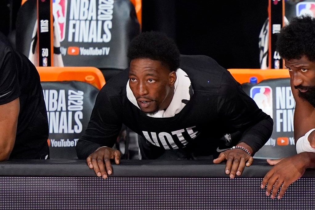 Miami Heat's Bam Adebayo, watches play against the Los Angeles Lakers during the first half of Game 2 of basketball's NBA Finals, Friday, Oct. 2, 2020, in Lake Buena Vista, Fla. (AP Photo/Mark J. Terrill)