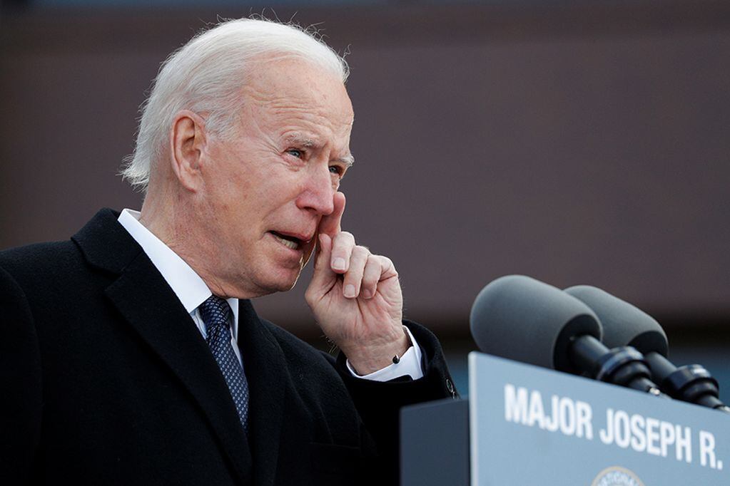 U.S. President-elect Joe Biden reacts during an event at Major Joseph R. "Beau" Biden III National Guard/Reserve Center at New Castle County Airport in New Castle, Delaware, U.S. January 19, 2021. REUTERS/Tom Brenner