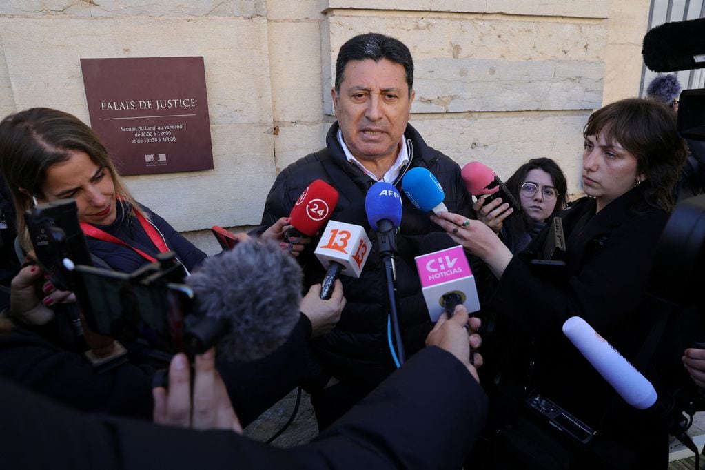 Humberto Zepeda, father of Chilean Nicolas Zepeda, speaks to the media on the opening day of his son's appeal trial, after he was sentenced at first instance for murdering Japanese student Narumi Kurosaki, in Vesoul, France, February 21, 2023.  REUTERS/Pascal Rossignol