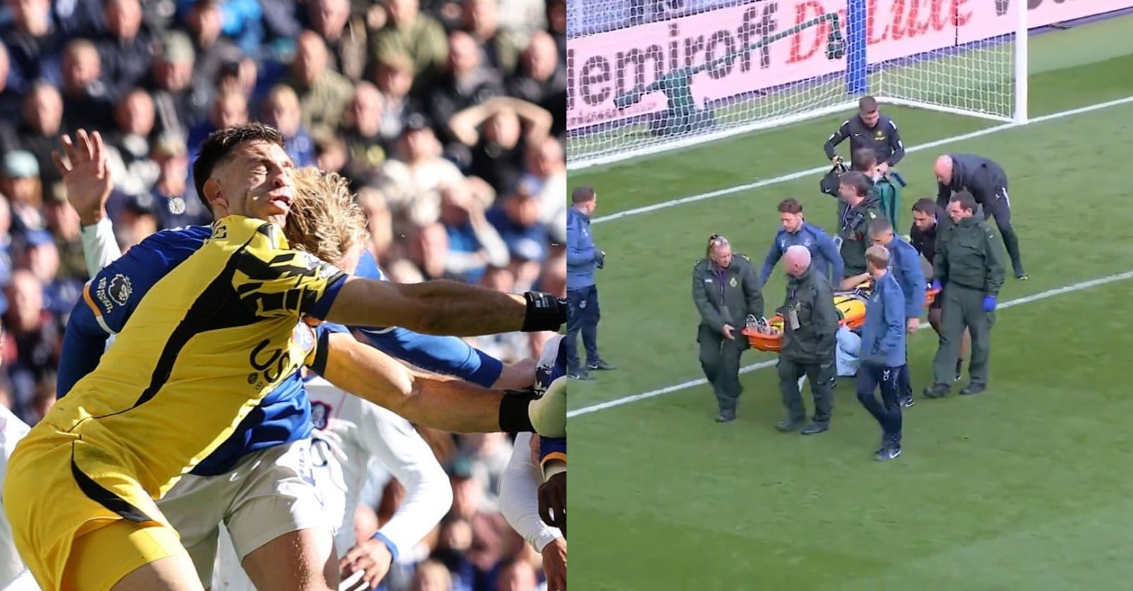 Dibu Martínez tuvo que salir en camilla de la cancha tras recibir impactante golpe