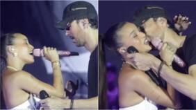 Viralizan incómodo momento de Emilia Mernes con Enrique Iglesias en medio de un show: criticaron gesto del español