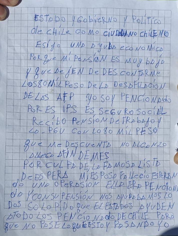La carta de pensionado que intentó quemarse a lo bonzo en Valparaíso.